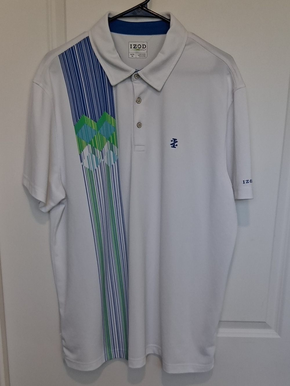 IZOD Golf  White Polo with Blue and Green Stripe Argyle Panel